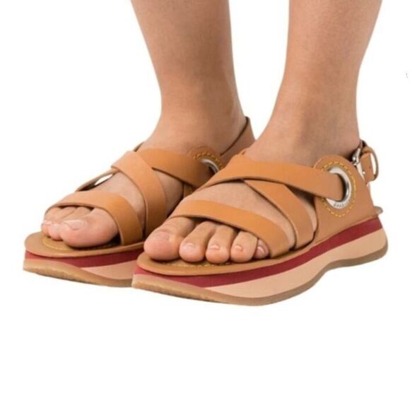 NWOT SEE BY CHLOÉ Tan Leather Ysee Chloe Crisscross Flatform Sandals Size EU 37 - Picture 3 of 11